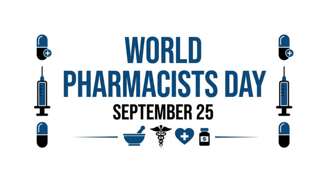 World Pharmacist Day September 25 typography design with syringe, mortar, pestle, and pill icons on white