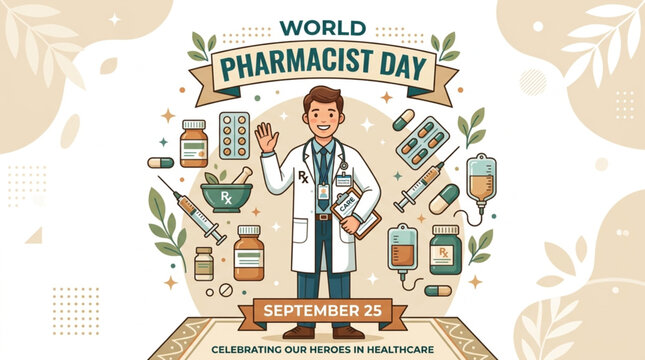 World Pharmacist Day vector illustration featuring pharmacist character with clipboard and natural herbs