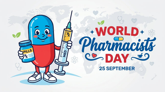 World Pharmacists Day September 25 cute cartoon capsule character holding medicine bottle and syringe