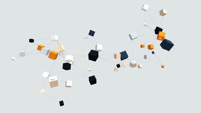 A dynamic 3D animation showcases modular blocks forming a complex digital network across a clean white space