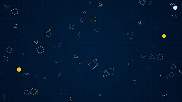 Modern Minimalist Memphis Geometric Shapes Animation On Dark Blue Grid Background