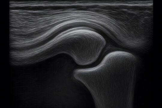 Knee joint ultrasound. Musculoskeletal sonography. Tendon and cartilage imaging. Grayscale medical scan