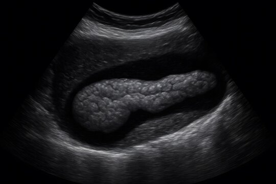 Pancreas ultrasound scan. Detailed soft tissue imaging. Grayscale clinical sonography. Medical anatomy