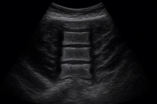 Lumbar spine ultrasound. Musculoskeletal sonogram. Grayscale diagnostic imaging. Medical scan