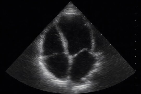Heart ultrasound scan. Detailed cardiac chambers. Echocardiogram imaging. Grayscale medical diagnosis