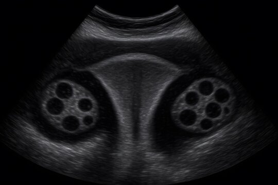 Ovary ultrasound scan. Detailed reproductive anatomy. Grayscale sonography. Diagnostic medical imaging