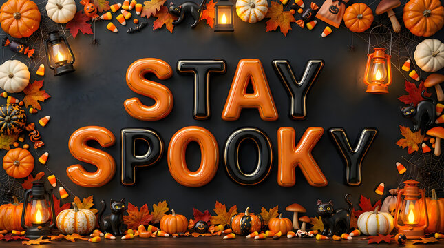 Stay spooky bubble lettering with halloween candy cats and lanterns for cute fall seasonal celebration backgrounds.