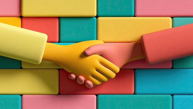 Two stylized hands clasp in agreement against a vibrant, multi-colored brick wall