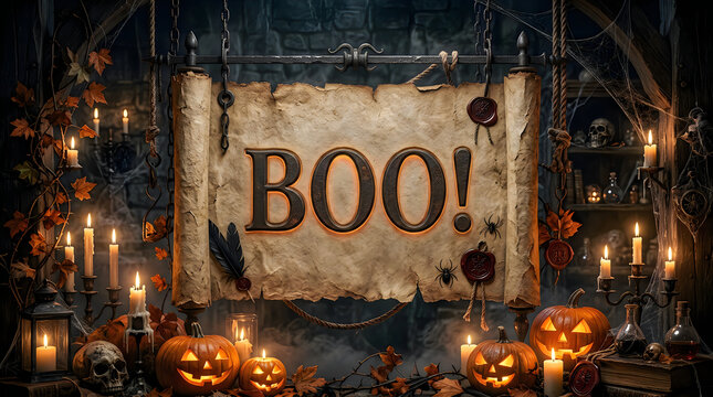 Vintage scroll paper featuring boo text with wax seals and jack o lanterns for spooky halloween greetings.