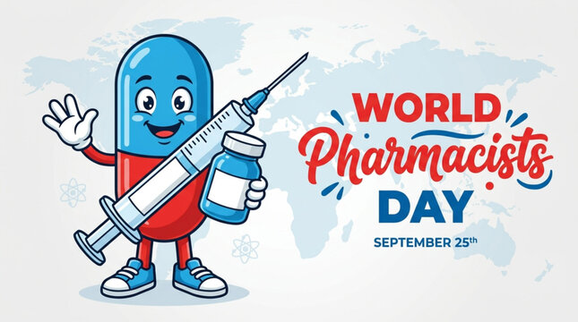 Playful World Pharmacists Day banner with cute red and blue capsule cartoon mascot on white background