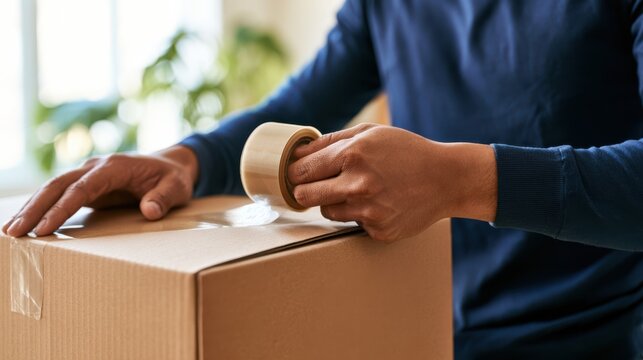 A person sealing a cardboard box with packing tape, preparing it for shipping or storage.