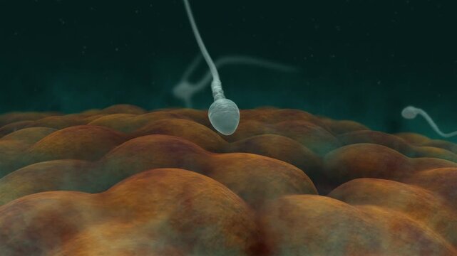 3d animation jf Microscopic view of sperm cell fertilizing an ovum egg cell. Biological process of human reproduction, conception, and new life creation in scientific medical background.