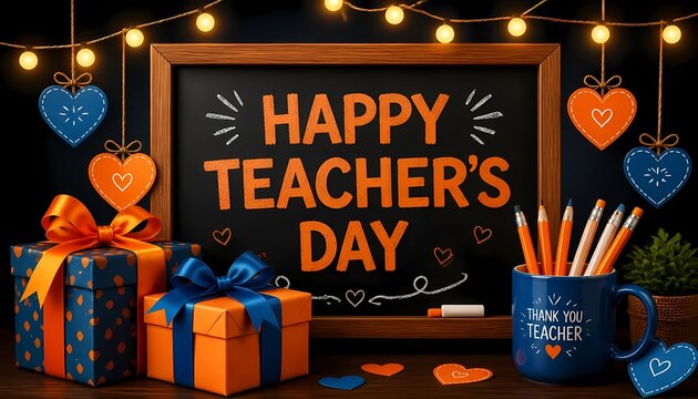 Happy Teachers Day message on blackboard with gift boxes and string lights