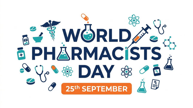 World Pharmacists Day vector flat illustration featuring doctors, laboratory glassware, and medicines