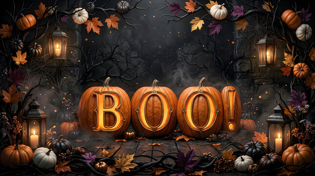 halloween boo word with glowing pumpkins, lanterns, autumn leaves, and dark branches on rustic wooden floor.