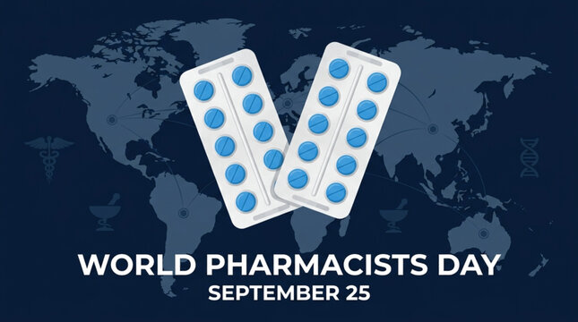World Pharmacists Day vector illustration featuring pill blister strips and global world map graphics