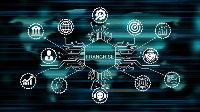 franchise  concept animation video 4k. technology world map background   
