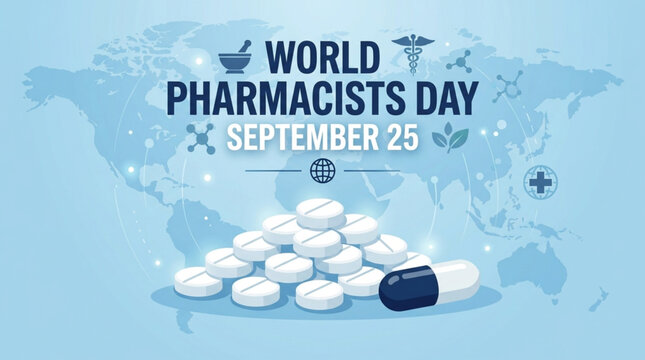 World Pharmacists Day September 25 light blue banner with pile of white pills on world map background