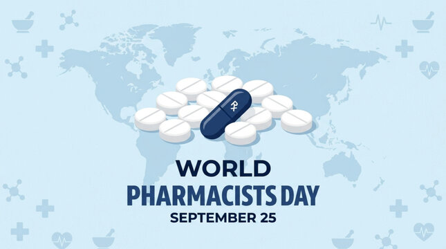 World Pharmacists Day vector template featuring heap of tablet pills and capsule on global map design