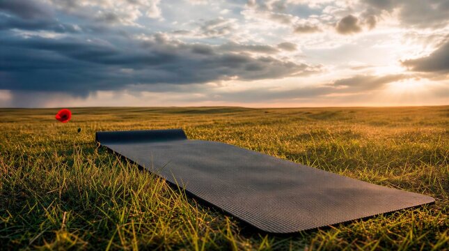 Yoga mat and poppy flower on grass at sunset under dramatic cloudy sky outdoors  