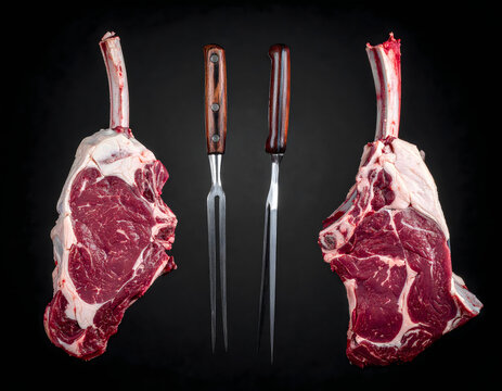 Raw hanging beef cuts with bone