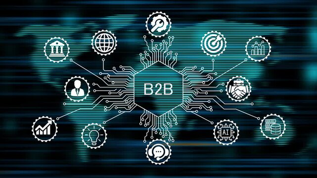 B2B concept animation video 4k. technology world map background   