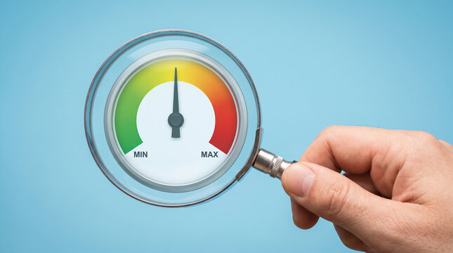 Person holding magnifying glass over colorful gauge with minimum and maximum levels