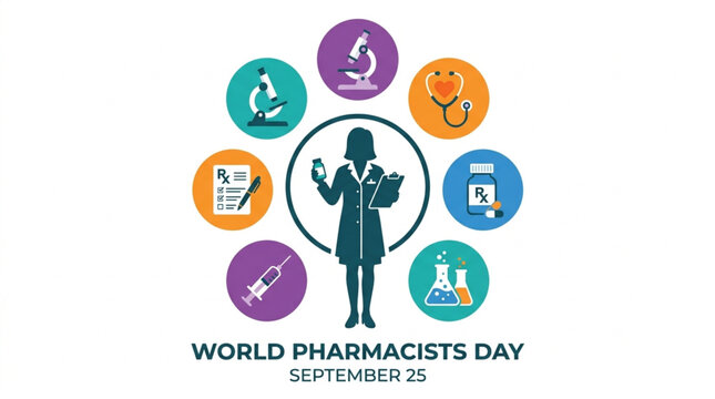 World Pharmacists Day September 25 graphic with female pharmacist in circle surrounded by medical icons