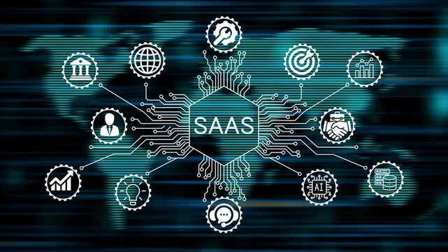 SAAS concept animation video 4k. technology world map background   