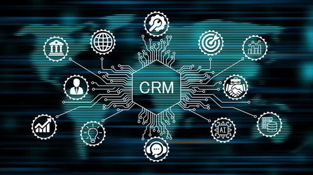 CRM concept animation video 4k. technology world map background   