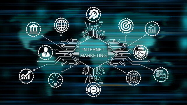 internet marketing concept animation video 4k. technology world map background   
