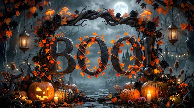 Spooky gothic archway with boo inscription and jack-o-lanterns in misty graveyard.