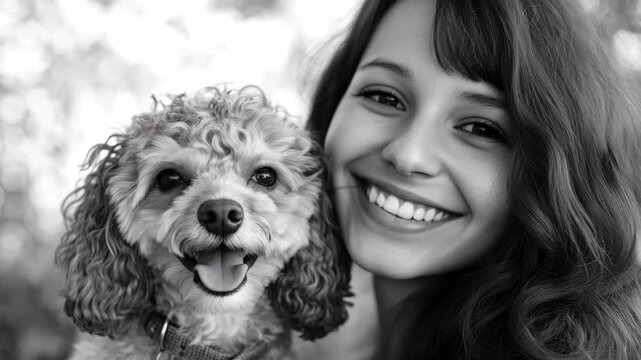 Smiling Woman and Happy Poodle Dog in Black and White Portrait