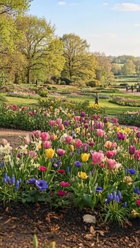 Vertical video: Pulling back, camera revealing bed in park, shifting focus to show visitors, tulips