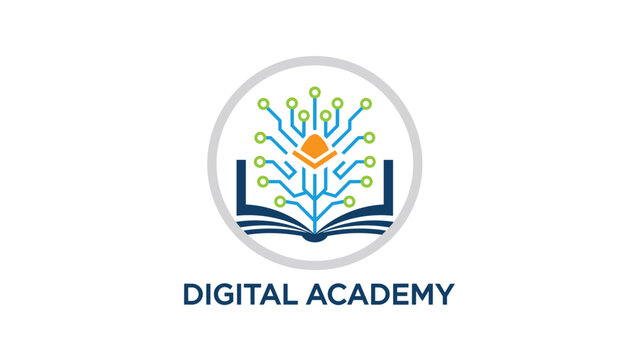 Digital academy logo design featuring an open book and circuit board growing tree graphic on a white background.