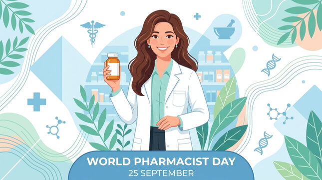 World Pharmacist Day vector illustration of female doctor holding medicine with botanical frame