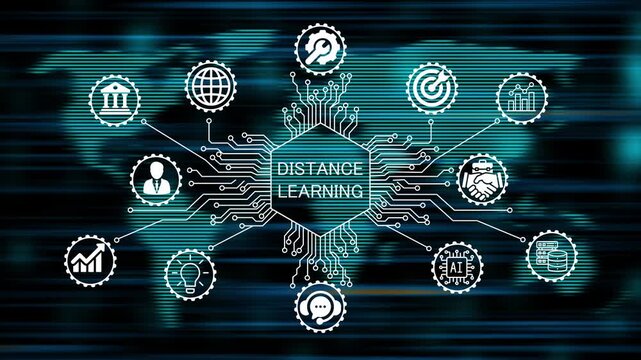 distance learning concept animation video 4k. technology world map background   