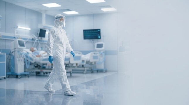 Clinician in full protective suit walking in modern hospital intensive care unit
