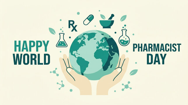 Circular emblem for World Pharmacist Day with global hands icon, mortar, pestle, Rx symbol, and plants