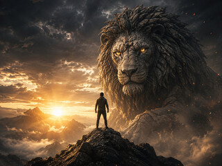 Naklejka premium Epic fantasy scene of lone traveler facing colossal stone lion at dramatic sunset