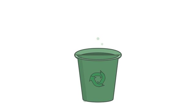 Flat 2D recycling illustration with a bin plastic bottle paper and rotating recycling symbol
