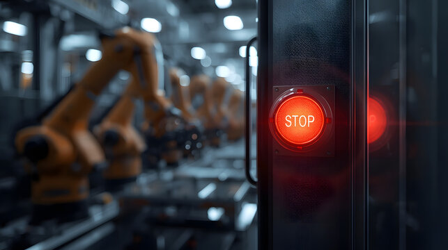Emergency Stop Activated: A glowing red emergency stop button illuminated on industrial machinery signals an immediate halt in production.