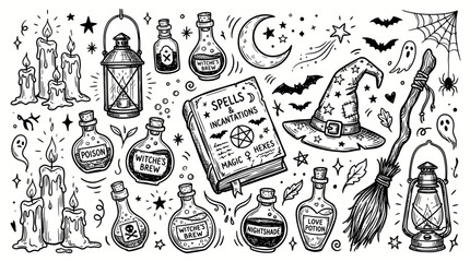 Witchcraft doodle vector elements, spooky halloween magic spell book and potions, hand drawn occult clip art set © sajjadhossain