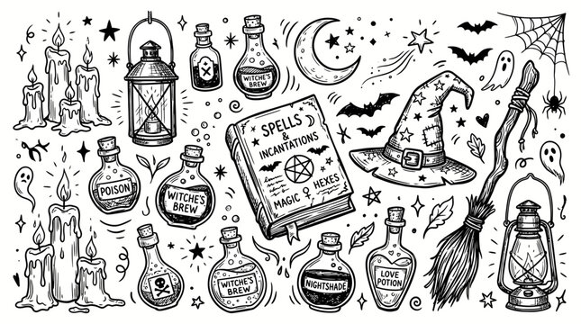 Witchcraft doodle vector elements, spooky halloween magic spell book and potions, hand drawn occult clip art set