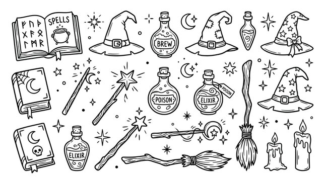 Witchcraft doodle vector elements, magic spell book and potion bottles set, spooky halloween line art illustrations