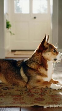 Vertical video: Lifting head corgi turning toward light through door in entryway, collar showing