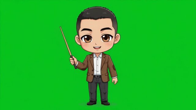 Cute cartoon character of a young man holding a pointer stick, ideal for presentations and educational content on a green screen background.
