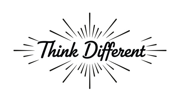 Elegant retro lettering of Think Different phrase decorated with a classic sunburst design on white background.