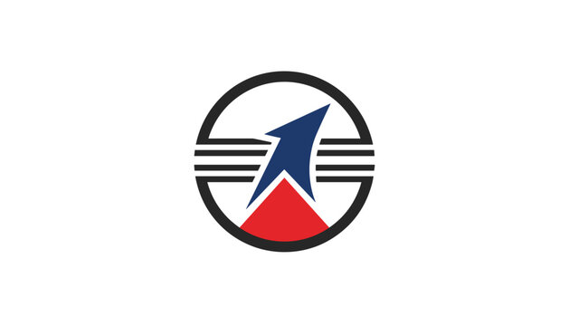 Abstract circular logo vector illustration featuring a blue upward arrow and a red triangle inside a lined black ring.