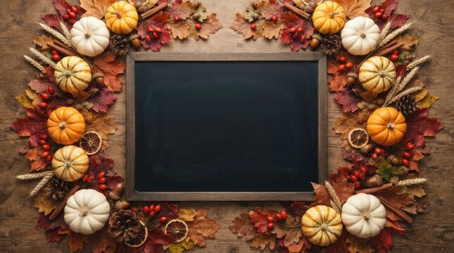 Blank chalkboard frame surrounded by colorful autumn leaves and decorative pumpkins for a festive halloween background